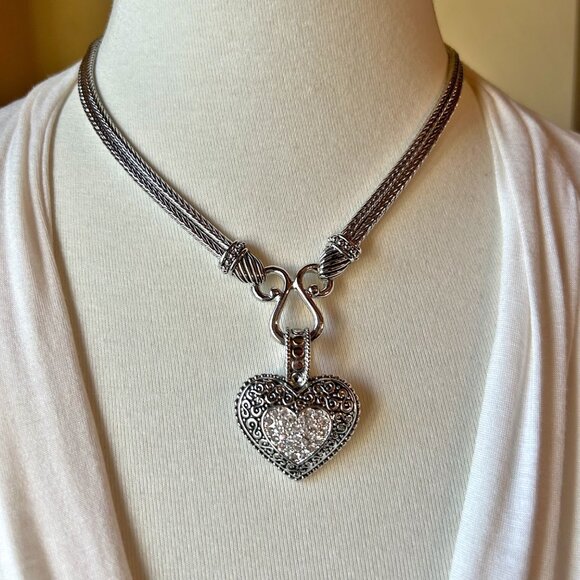 Lia Sophia Pave Rhinestone Heart Necklace 17" With 4" Extender Silver Tone Chain - Picture 1 of 6